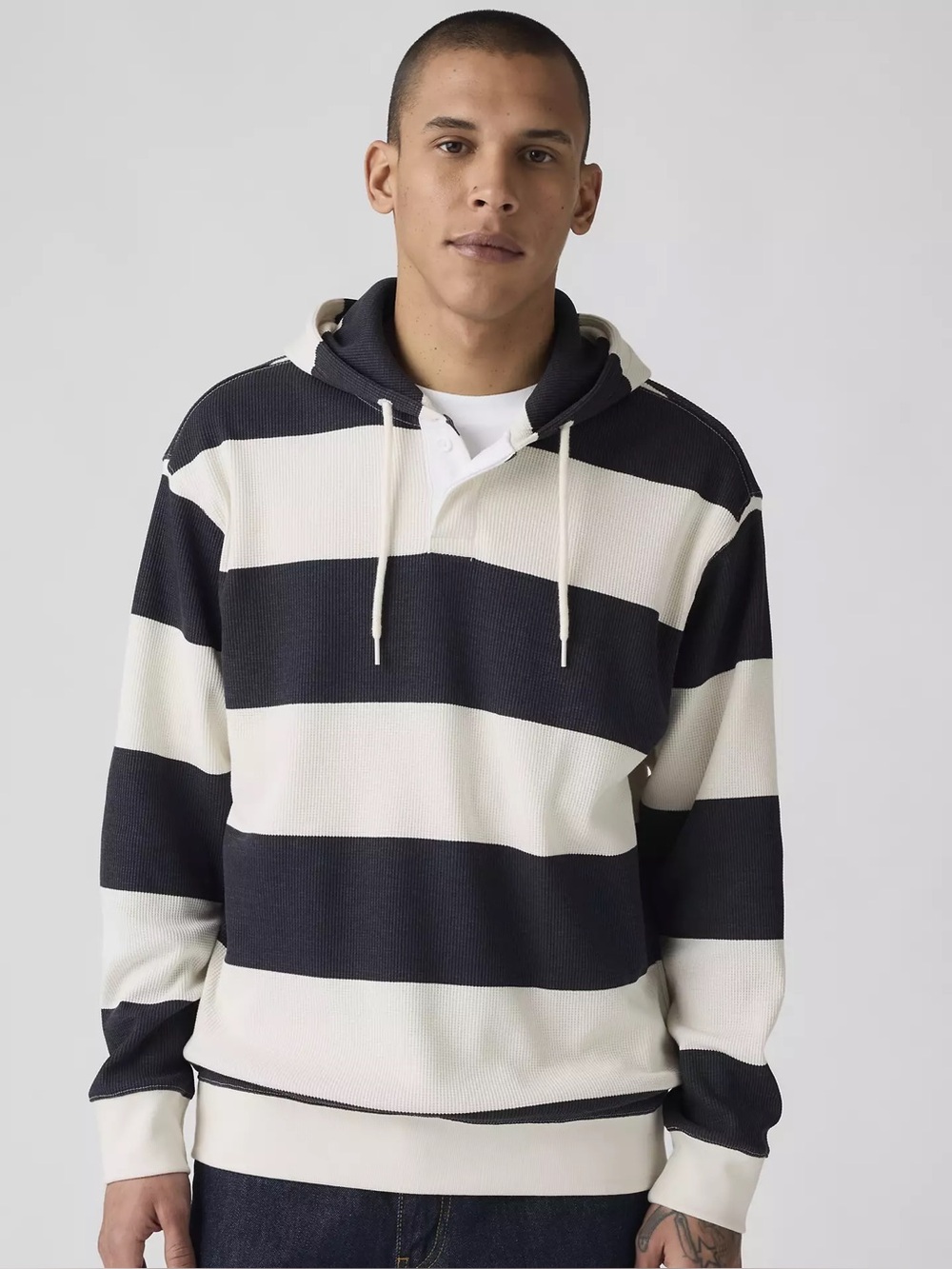 Levi's Black and Cream Striped Hooded Sweater